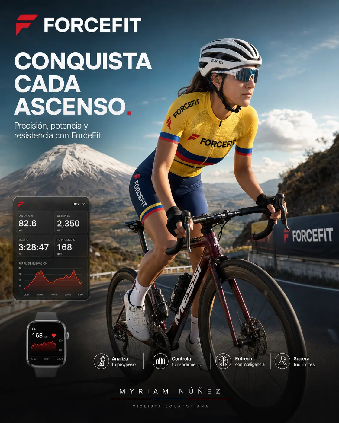 Ciclista revisando su panel de métricas en ForceFit